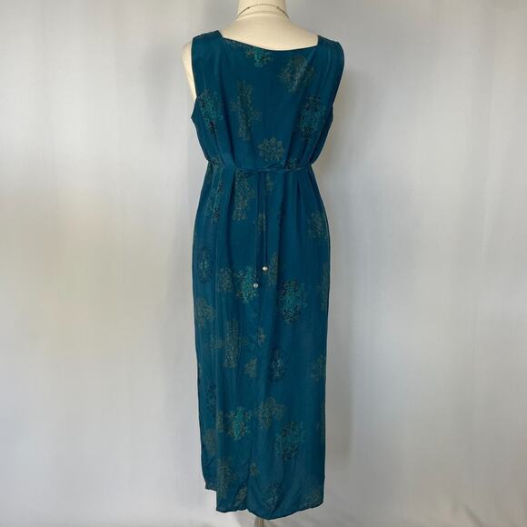 Boho Maxi Dress Plus Size 1X Blue Brocade Print Pure Silk Sleeveless Hippie Vtg - Picture 8 of 16